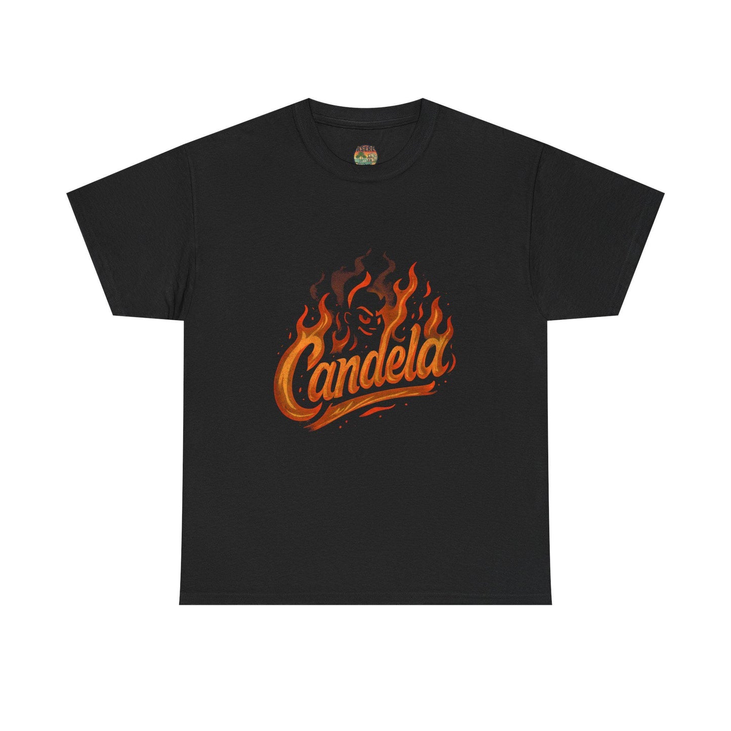 Candela Flame Script Tee | Retro Fire Typography, Orange Flames