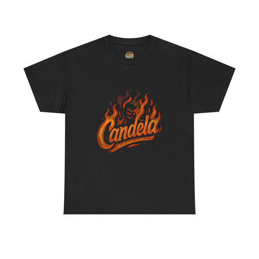 Candela Flame Script Tee | Retro Fire Typography, Orange Flames
