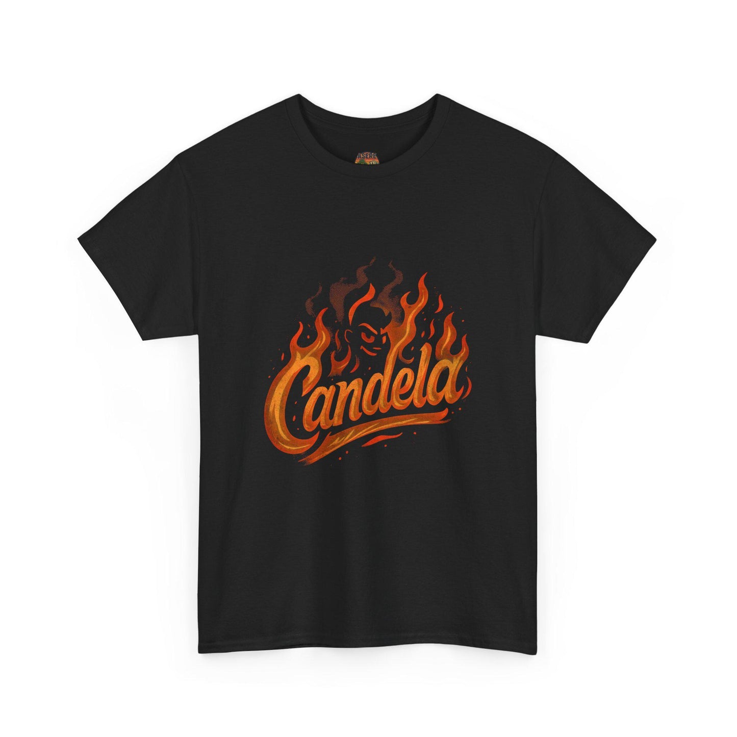 Candela Flame Script Tee | Retro Fire Typography, Orange Flames